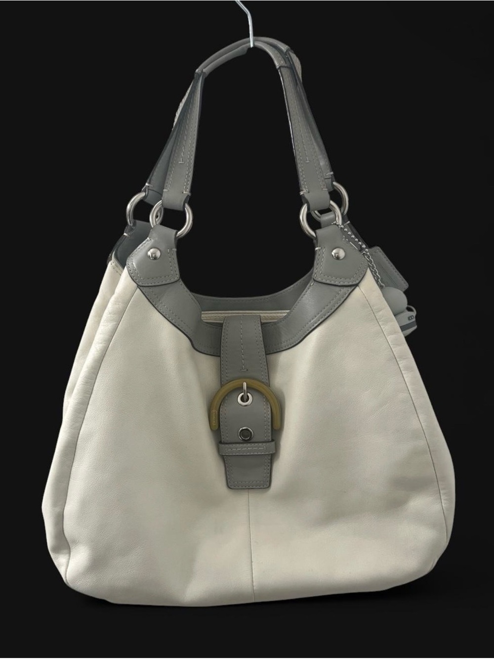 Leather Hobo Shoulder Bag in Cream and Gray